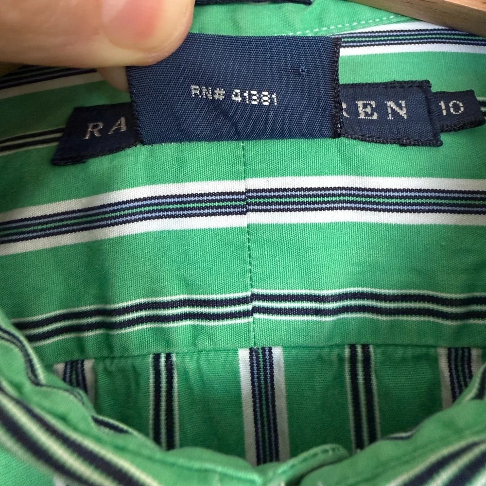 Ralph Lauren Boys 10 Slim Fit Green Striped Button Down‎ Long Sleeve Shirt